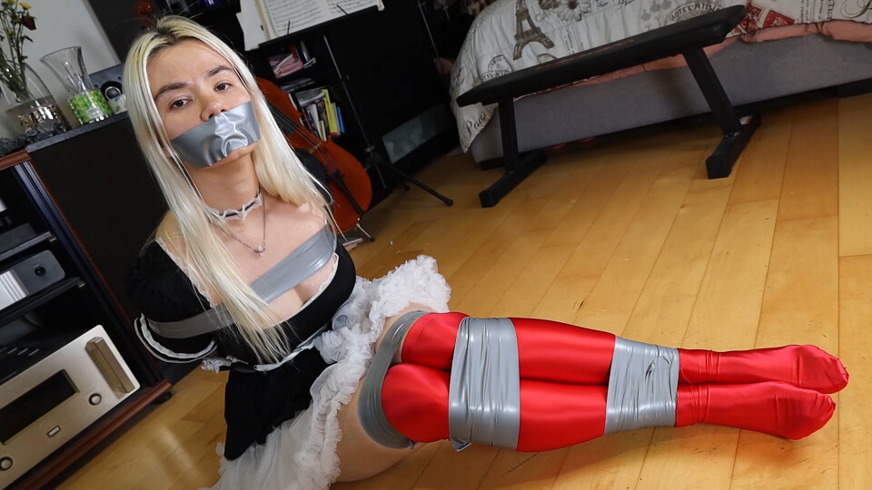 Angelica Coralvine the French maid of an eccentric rockstar gets tightly tied up and gagged as punishment for not cleaning up perfectly